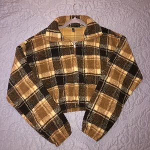 Zaful Plaid Crop Faux Fur Sweatshirt